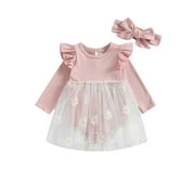 Infant Girl Romper Dress Long Sleeve Ruffle Flower Embroidery Print Jumpsuits Mesh Tulle Princess Dress Newborn Bodysuits 6 12 18 24 Months Baby Girls Fall Clothes for Birthday Party